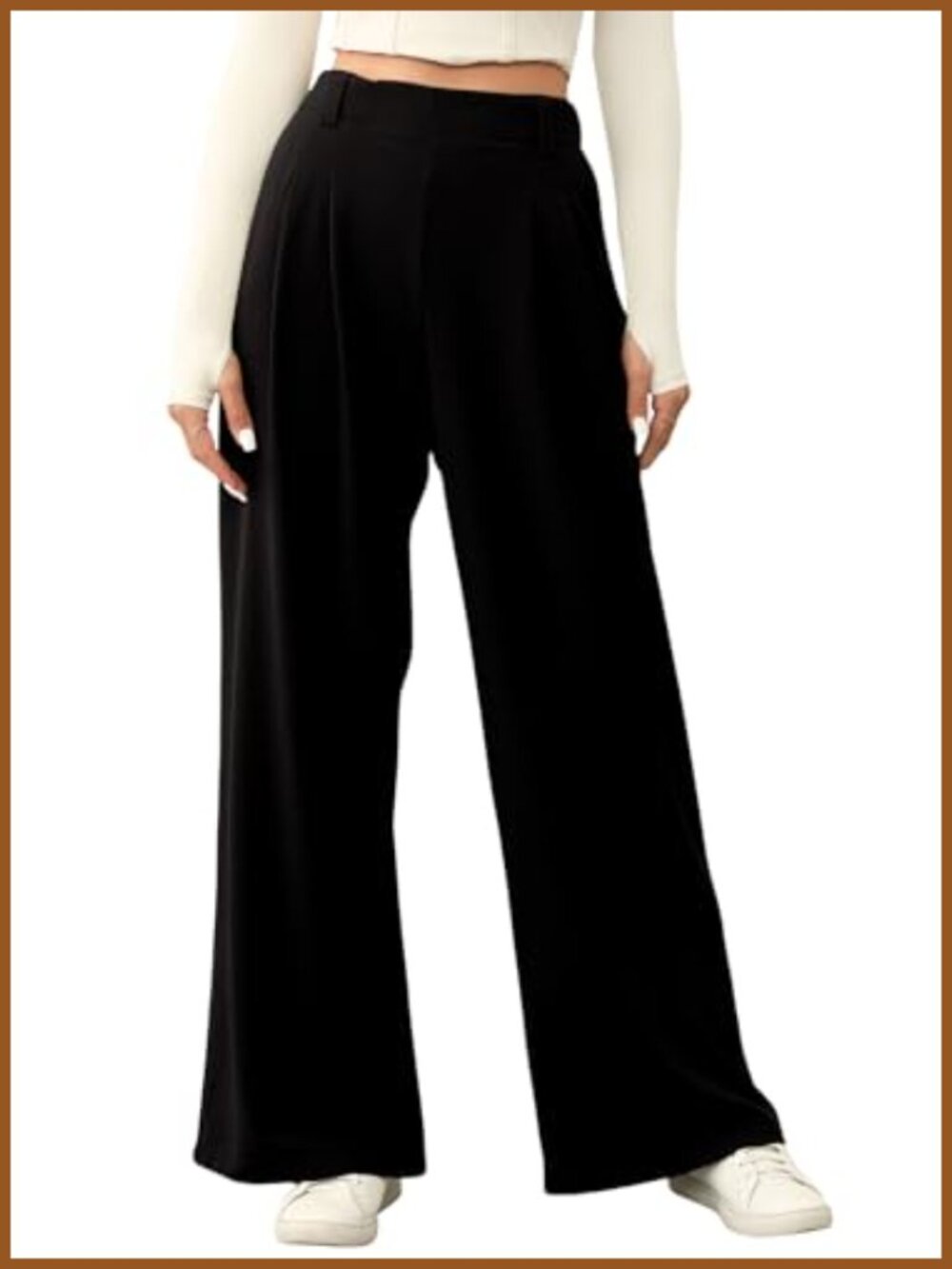 Fleece Lined Waffle Knit Wide Leg Pants High Waist Trousers with Pockets